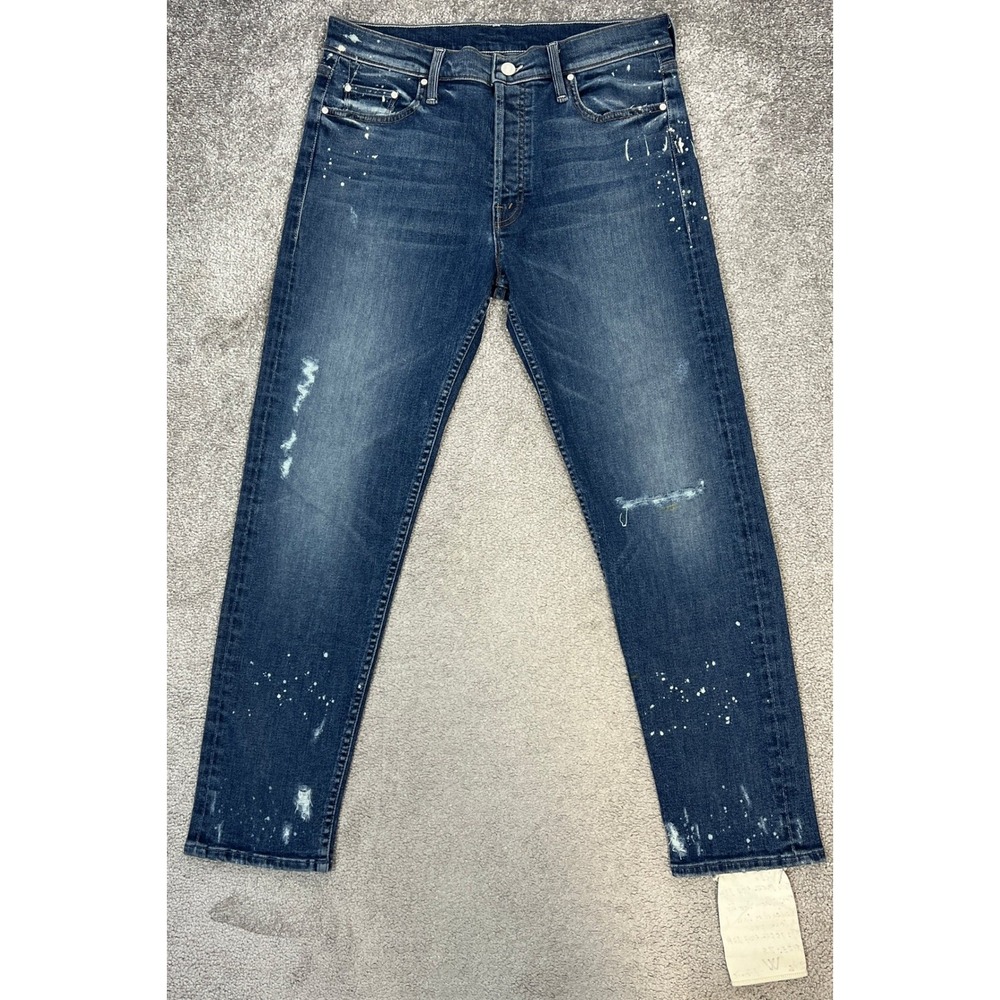 Mother Denim Cheeky High Rise Straight Jean 28" Blue Paint Splatter Distressed